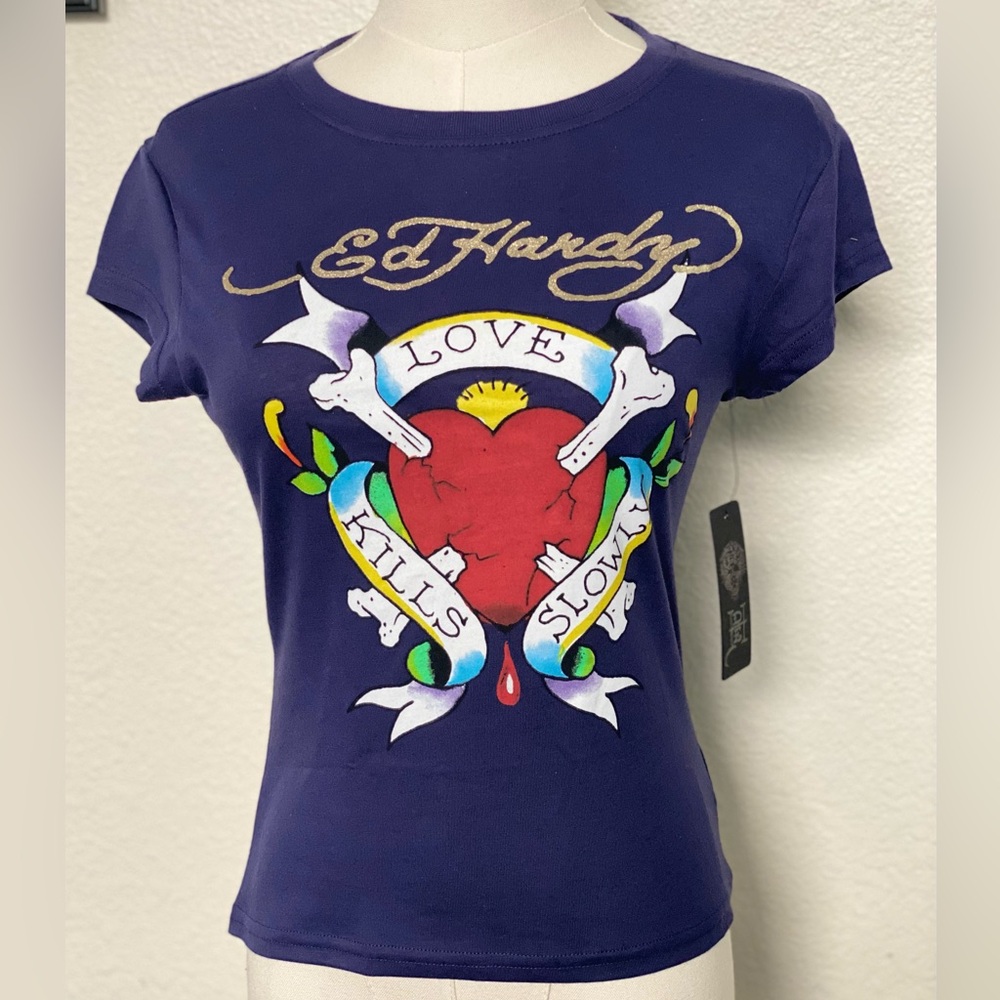 NWT Ed Hardy Womens Navy BABY TEE Purple Crop Shirt Top Tshirt Small Medium Y2K
